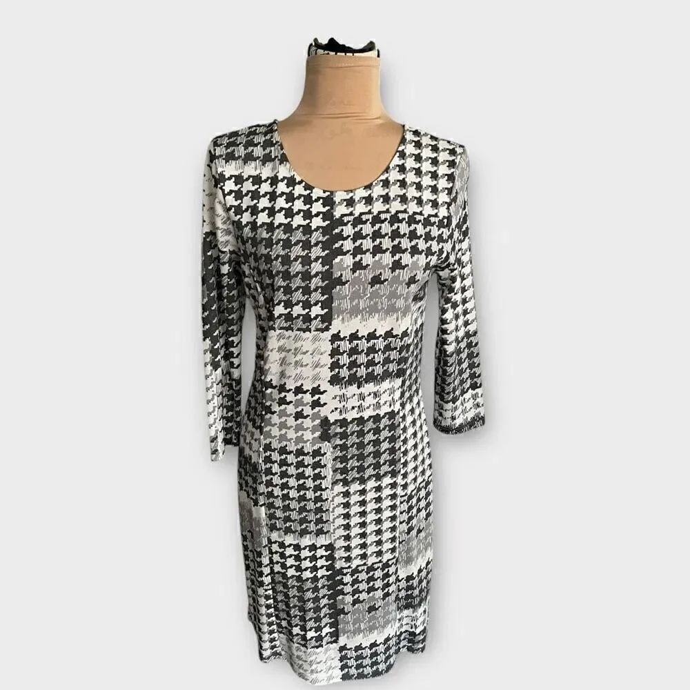 Vintage Venus Women’s Medium Grey Print Viscose Midi Dress Scoop Neck Workwear